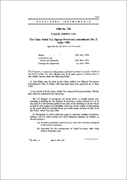 The Value Added Tax (Special Provisions) (Amendment) (No. 2) Order 1984