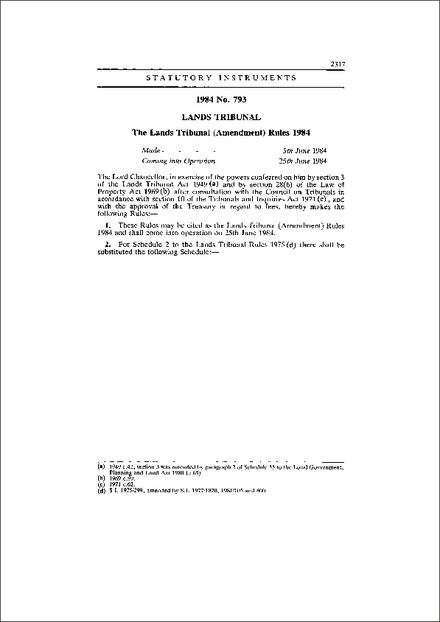 The Lands Tribunal (Amendment) Rules 1984