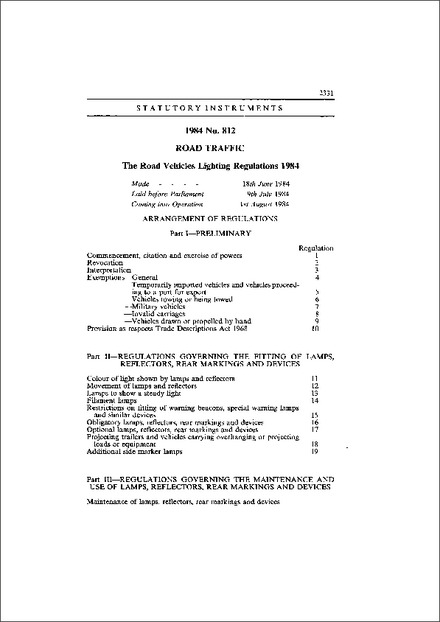 The Road Vehicles Lighting Regulations 1984