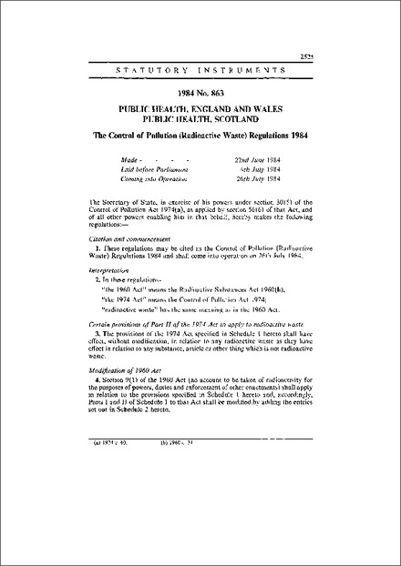 The Control of Pollution (Radioactive Waste) Regulations 1984