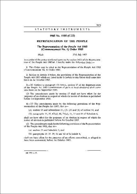The Representation of the People Act 1985 (Commencement No. 1) Order 1985