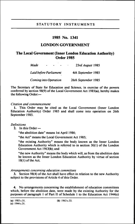 The Local Government (Inner London Education Authority) Order 1985
