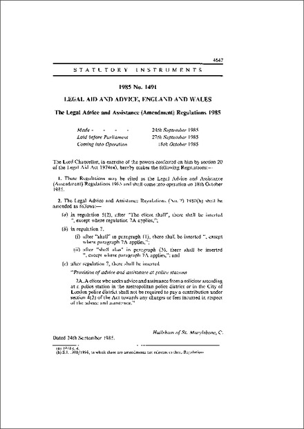 The Legal Advice and Assistance (Amendment) Regulations 1985