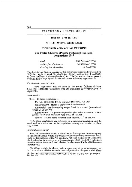 The Foster Children (Private Fostering) (Scotland) Regulations 1985