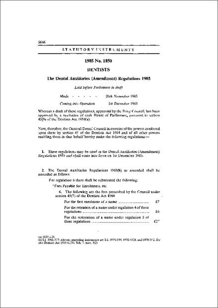 The Dental Auxiliaries (Amendment) Regulations 1985