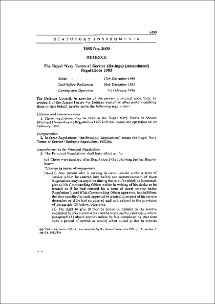 The Royal Navy Terms of Service (Ratings) (Amendment) Regulations 1985
