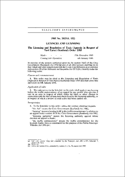 The Licensing and Regulation of Taxis (Appeals in Respect of Taxi Fares) (Scotland) Order 1985