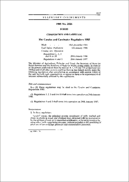 The Caseins and Caseinates Regulations 1985