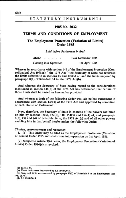 The Employment Protection (Variation of Limits) Order 1985