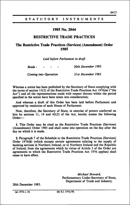 The Restrictive Trade Practices (Services) (Amendment) Order 1985