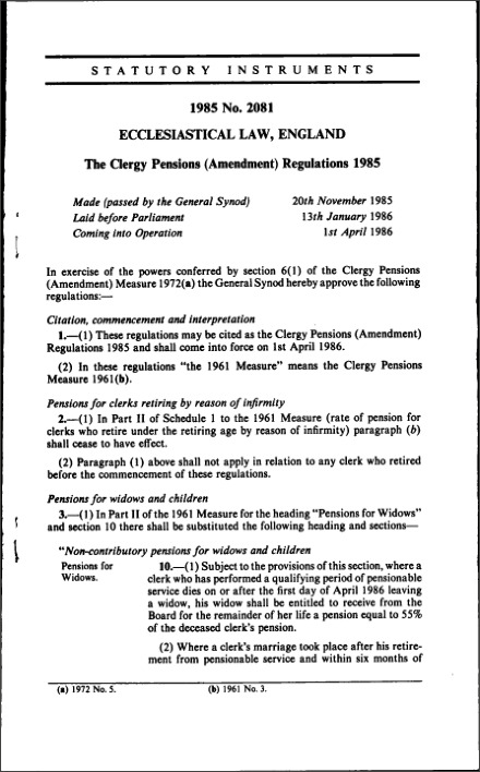 The Clergy Pensions (Amendment) Regulations 1985
