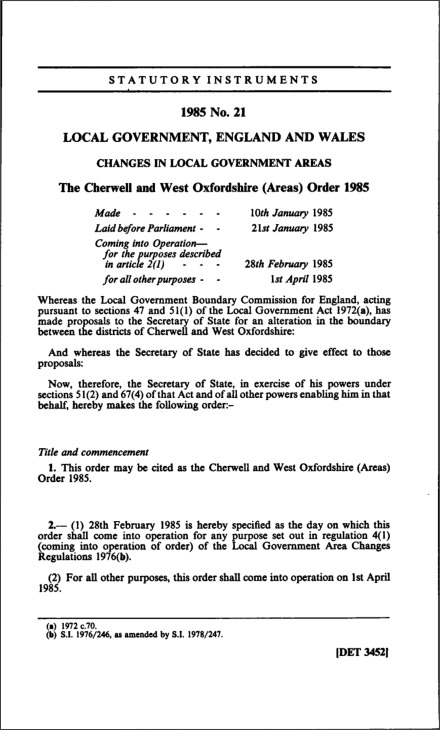 The Cherwell and West Oxfordshire (Areas) Order 1985