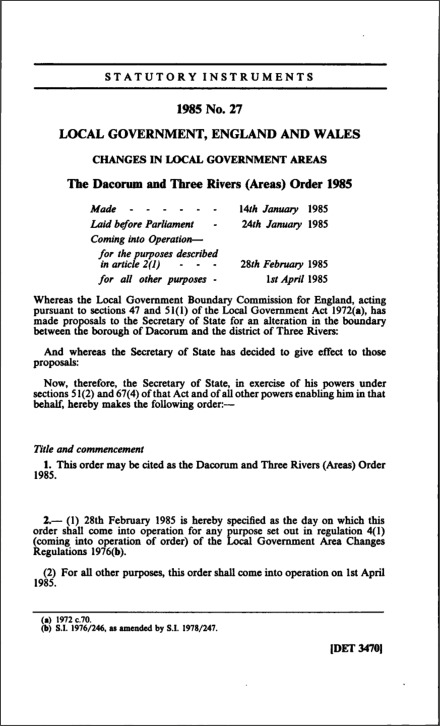 The Dacorum and Three Rivers (Areas) Order 1985