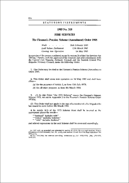 The Firemen's Pension Scheme (Amendment) Order 1985