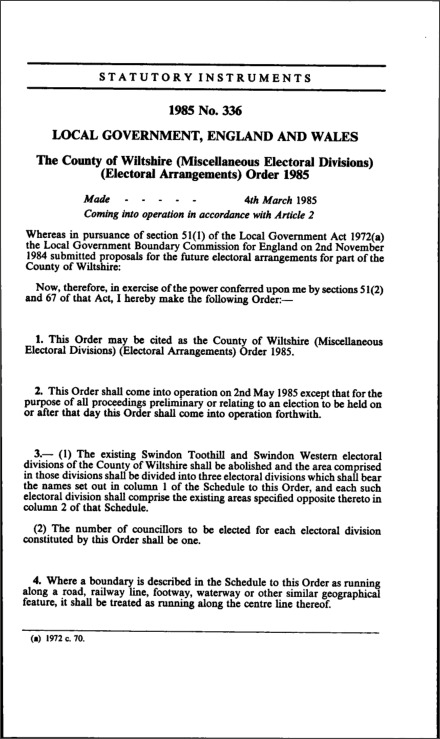 The County of Wiltshire (Miscellaneous Electoral Divisions) (Electoral Arrangements) Order 1985