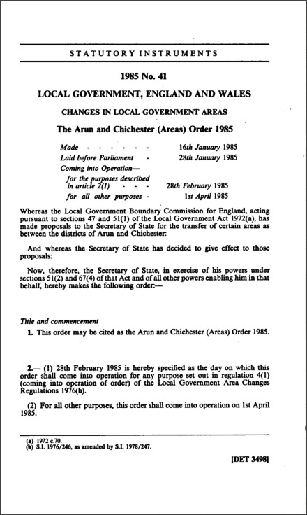 The Arun and Chichester (Areas) Order 1985