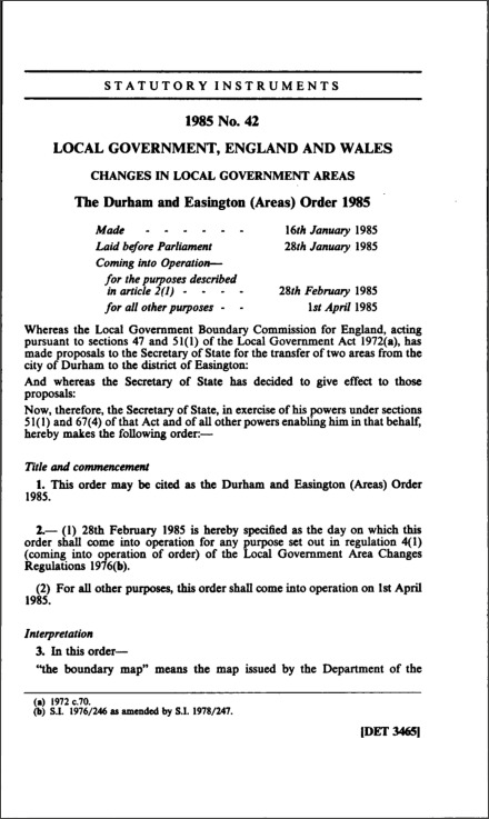 The Durham and Easington (Areas) Order 1985