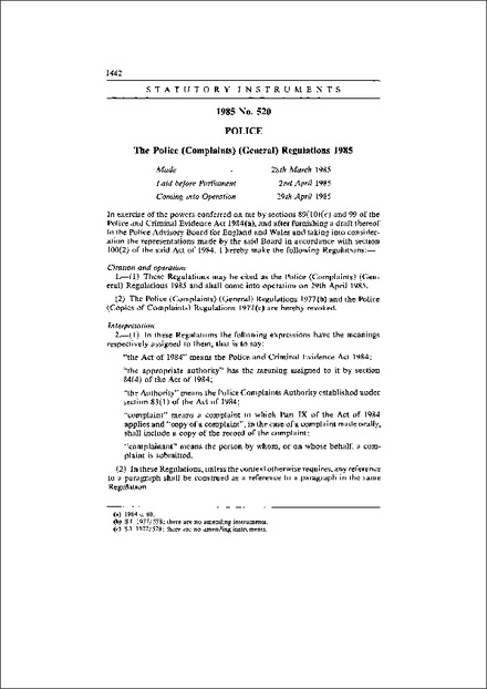 The Police (Complaints) (General) Regulations 1985