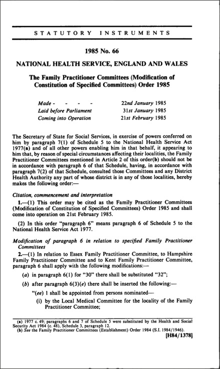 The Family Practitioner Committees (Modification of Constitution of Specified Committees) Order 1985
