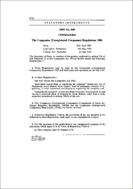 The Companies (Unregistered Companies) Regulations 1985