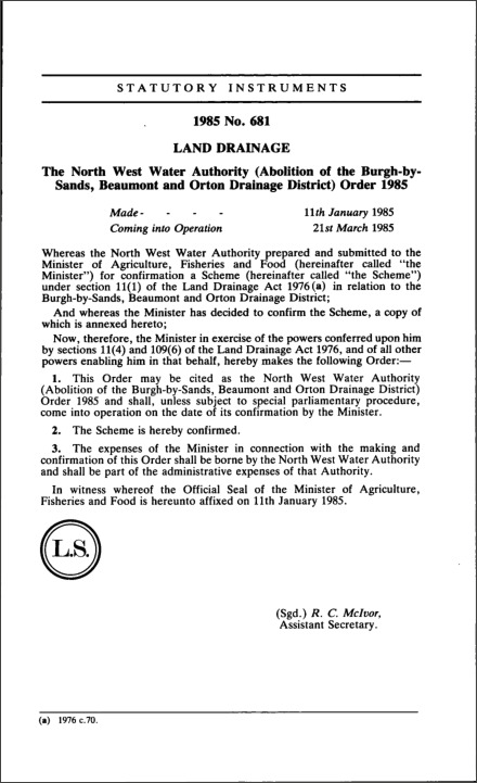 The North West Water Authority (Abolition of the Burgh-by-Sands, Beaumont and Orton Drainage District) Order 1985
