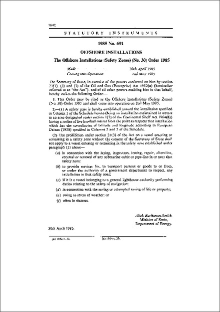 The Offshore Installations (Safety Zones) (No. 30) Order 1985