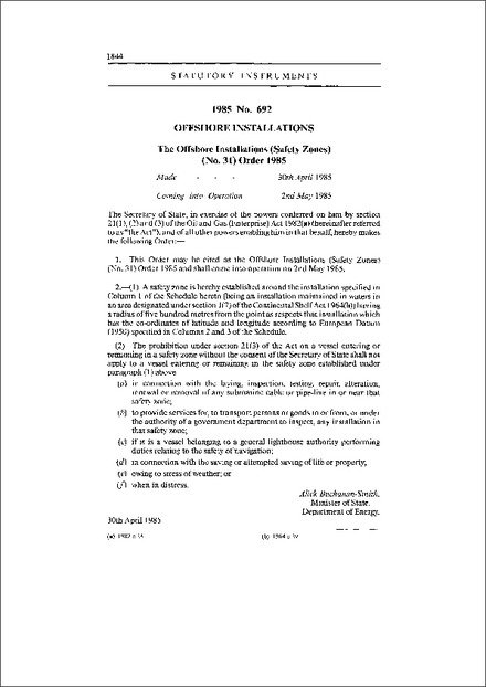 The Offshore Installations (Safety Zones) (No. 31) Order 1985