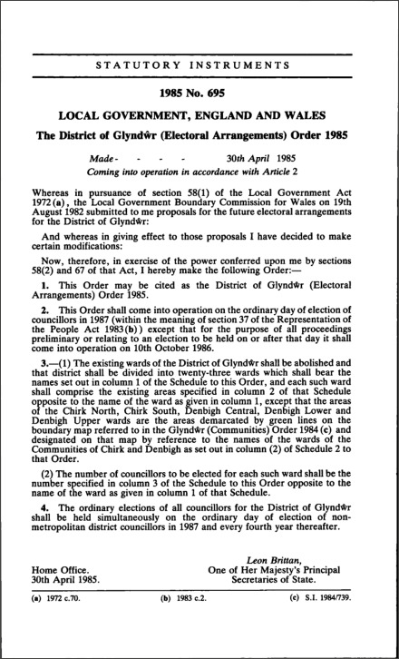 The District of Glyndŵr (Electoral Arrangements) Order 1985