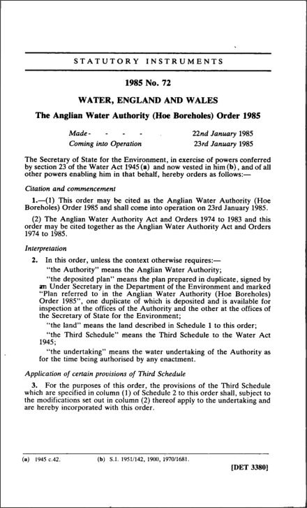 The Anglian Water Authority (Hoe Boreholes) Order 1985