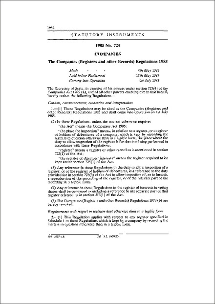 The Companies (Registers and other Records) Regulations 1985