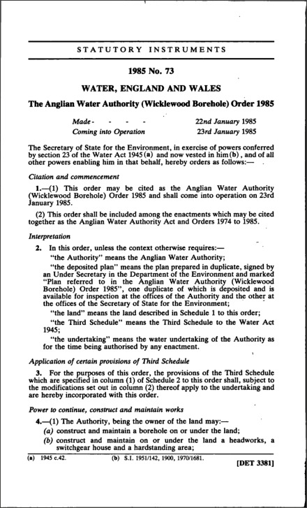 The Anglian Water Authority (Wicklewood Borehole) Order 1985