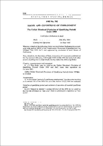 The Unfair Dismissal (Variation of Qualifying Period) Order 1985