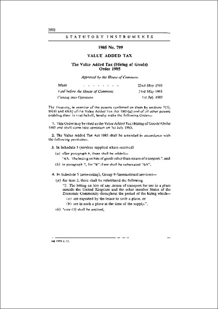 The Value Added Tax (Hiring of Goods) Order 1985