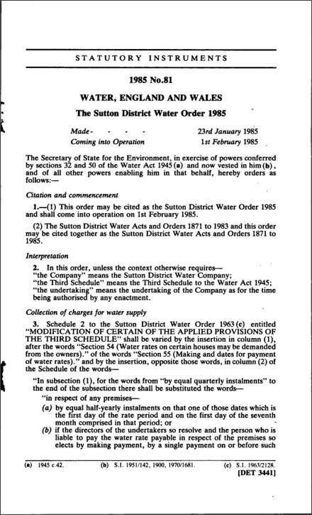 The Sutton District Water Order 1985