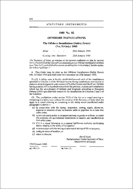 The Offshore Installations (Safety Zones) (No. 5) Order 1985