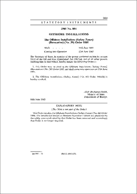 The Offshore Installations (Safety Zones) (Revocation) (No. 39) Order 1985