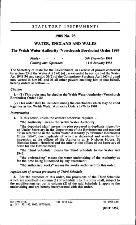 The Welsh Water Authority (Vowchurch Boreholes) Order 1984