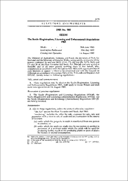 The Seeds (Registration, Licensing and Enforcement) Regulations 1985