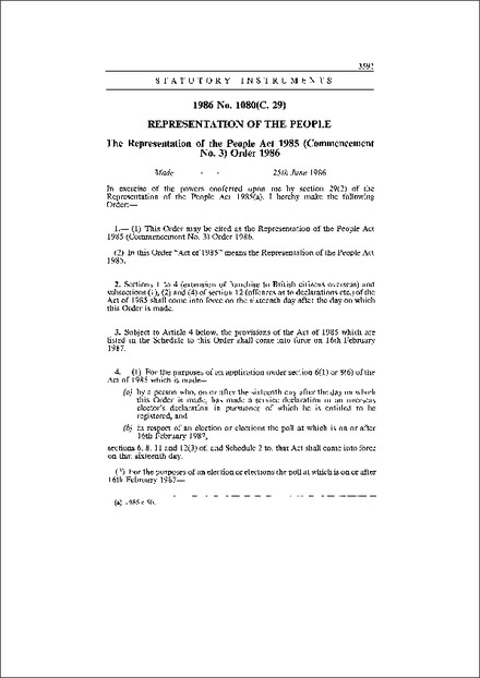 The Representation of the People Act 1985 (Commencement No. 3) Order 1986