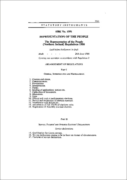 The Representation of the People (Northern Ireland) Regulations 1986