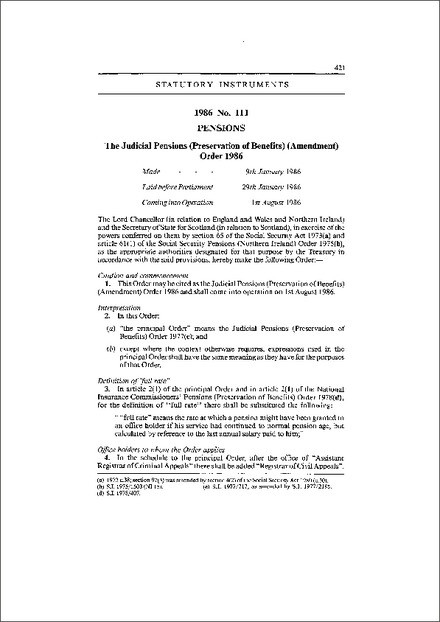The Judicial Pensions (Preservation of Benefits) (Amendment) Order 1986