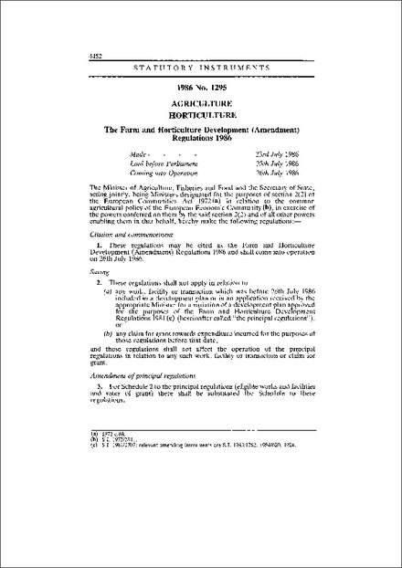 The Farm and Horticulture Development (Amendment) Regulations 1986