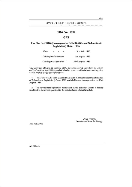 The Gas Act 1986 (Consequential Modifications of Subordinate Legislation) Order 1986