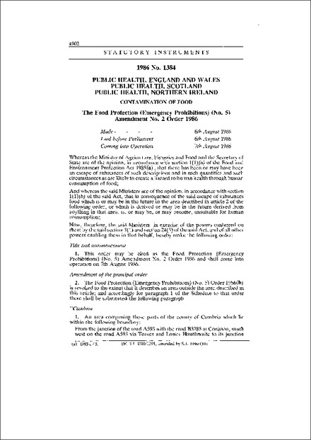 The Food Protection (Emergency Prohibitions) (No. 5) Amendment No. 2 Order 1986