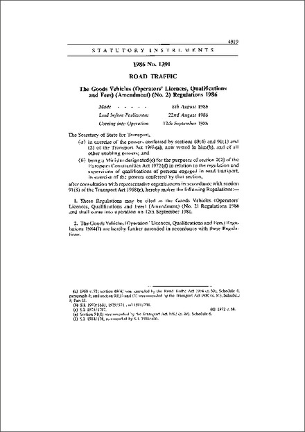 The Goods Vehicles (Operators' Licences, Qualifications and Fees) (Amendment) (No. 2) Regulations 1986
