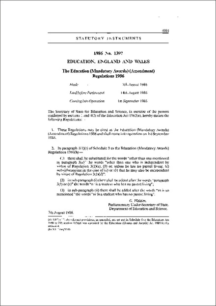 The Education (Mandatory Awards) (Amendment) Regulations 1986