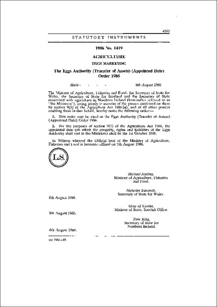 The Eggs Authority (Transfer of Assets) (Appointed Date) Order 1986