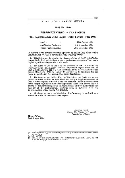 The Representation of the People (Welsh Forms) Order 1986