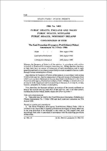 The Food Protection (Emergency Prohibitions) (Wales) Amendment No. 2 Order 1986