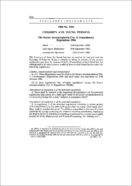 The Secure Accommodation (No. 2) (Amendment) Regulations 1986